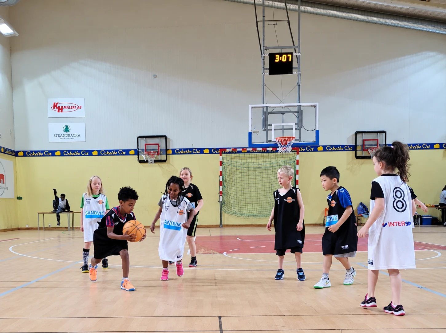 De yngsta flickorna och pojkarna spelar match på Basketens dag i Kuxahallen
